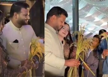 ছাত্রদল নেতার বিয়েতে ফুলের বদলে ধানের শীষ দিয়ে বরণ