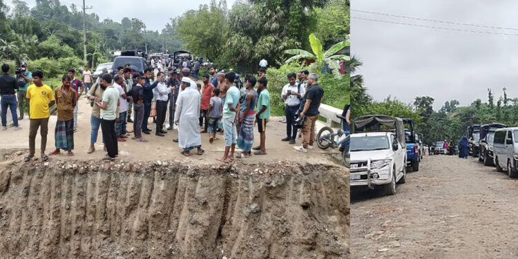 বুলডোজার দিয়ে গুঁড়িয়ে দেয় র‍্যাব ক্যাম্পের দেয়াল, কেটে দেয় রাস্তা